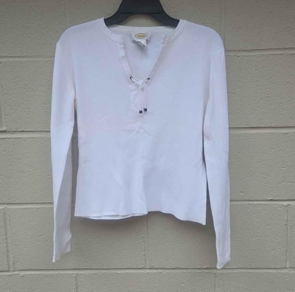 Talbots- Women's- White- Ribbed- Fitted- Long Sleeve- Polo Blouse- Size Small - Picture 1 of 5